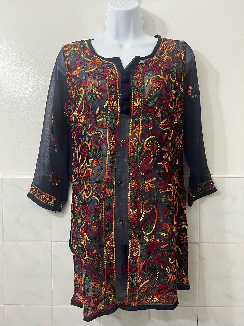 Women Sheer Floral Embroidered Tunic Top M Navy Blue Festival Whimsigoth Beach